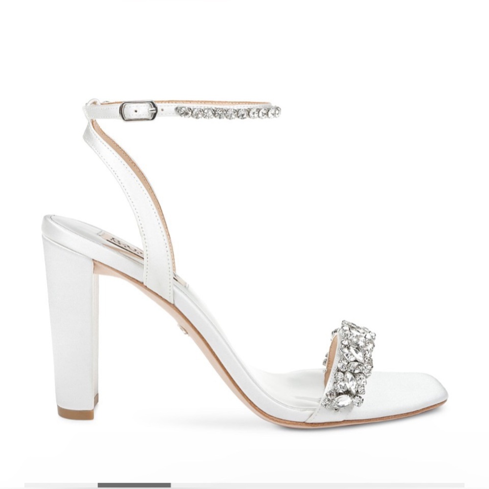 Badgley Mischka Tasmine Tall Evening Sandals. White Satin. - Picture 3 of 14